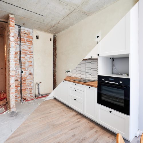 Comparison of kitchen room before and after renovation.