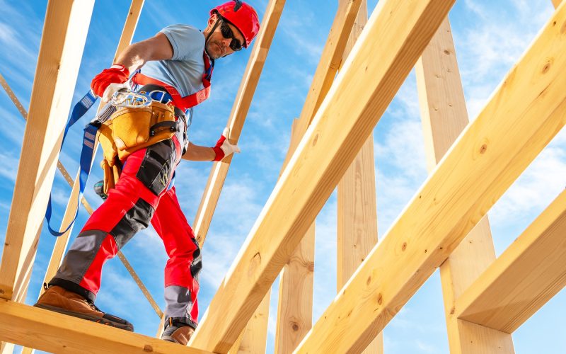 Worker Constructing Wooden Framework Under a Blue Sky During Daytime at a Construction Site